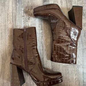 Brown Croc-Embossed Platform Boots